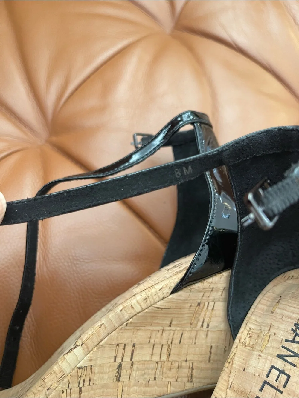 Vaneli Black Patent Cork Wedge Sandals with Ankle Strap women’s size 8